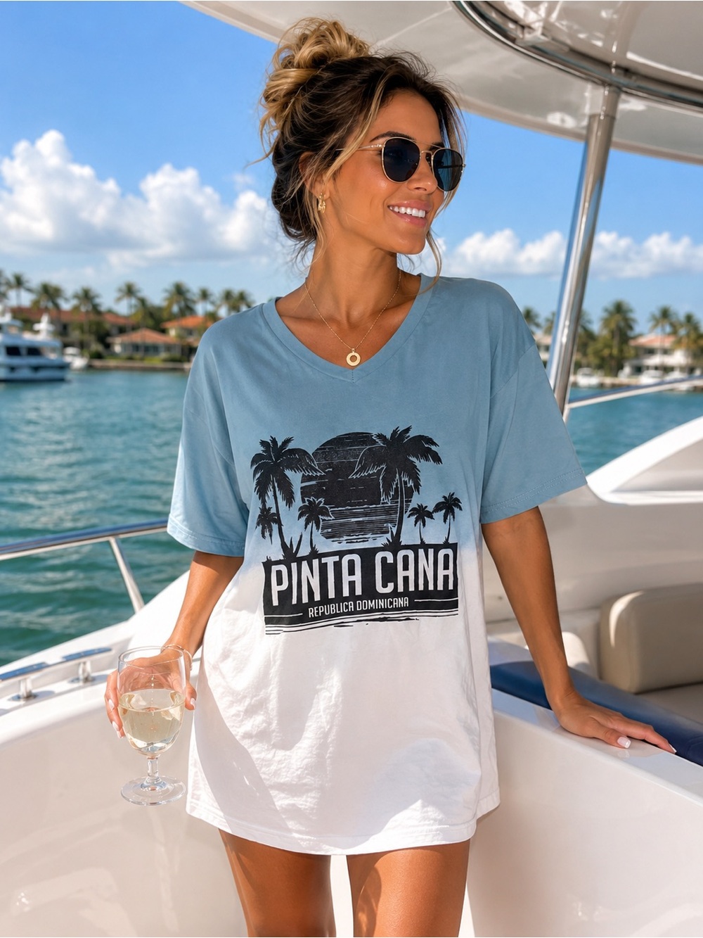 Ocean Dreams Punta Cana Dominican Republic Ombré v-neck Graphic Tee L